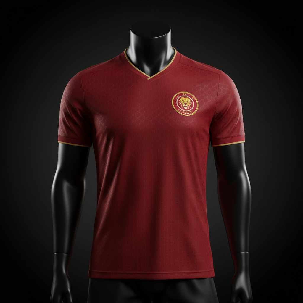 A single high-end fútbol jersey on a matte black invisible mannequin torso, centered against a dark charcoal gradient background. The jersey features a rich red base with subtle hexagonal texture, a finely embroidered crest on the chest, and gold trim along the sleeves and collar. Soft studio key lighting from the upper left creates controlled highlights on the fabric’s microtexture and a faint rim light separates the silhouette from the background. The composition is clean and symmetrical at eye level, with a shallow falloff into darkness around the edges. The atmosphere is premium, serious, and performance-focused, conveying the sense of an elite club jersey showcased for discerning fans on a professional retail site.