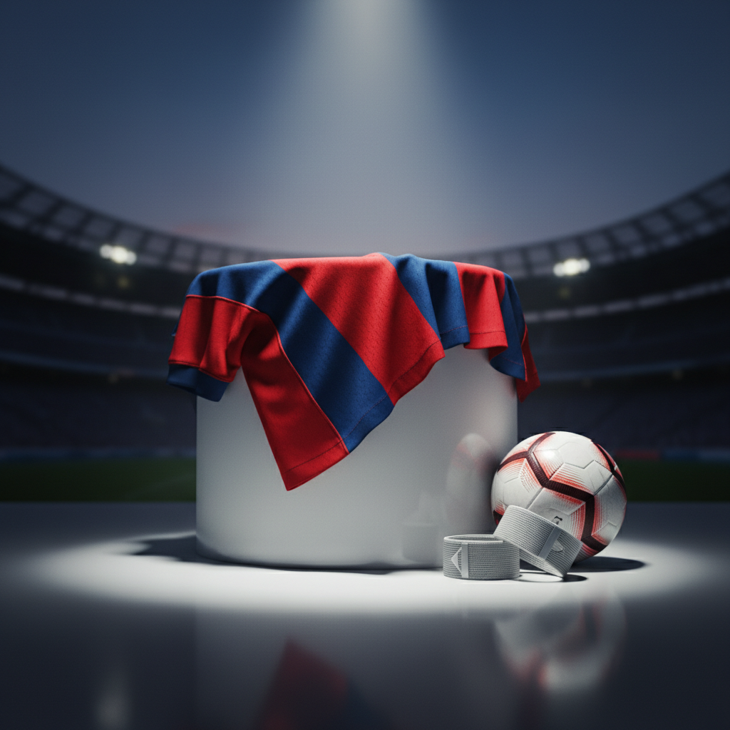 An action-inspired still life of a professional match-worn fútbol jersey draped over a pristine, glossy white pedestal, next to a high-quality match ball and a pair of polished metal captain’s armbands. The jersey shows subtle signs of use—slight creasing and natural folds—yet remains vivid in color with visible mesh ventilation panels and precision heat-sealed seams. The scene is set in a minimalist studio with a dark, out-of-focus stadium silhouette suggested in the background. Directional spotlighting from above creates dynamic contrasts and a dramatic shadow on the floor, enhancing the competitive mood. Captured from a slightly low, three-quarter angle in photographic realism, the image feels intense, celebratory, and tailored to passionate fans seeking iconic jerseys.