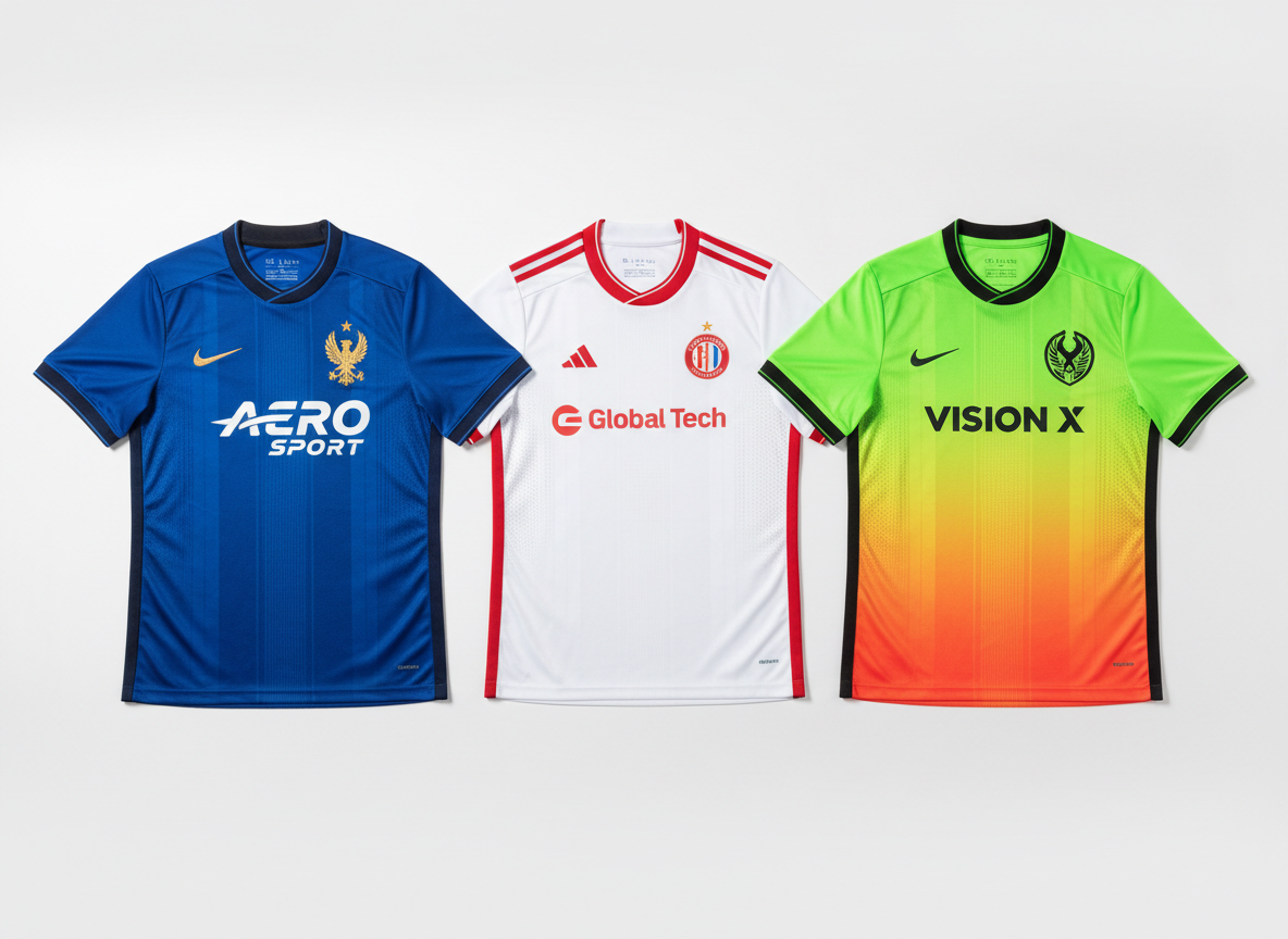 A crisp, modern flat-lay of three premium fútbol jerseys neatly arranged on a flawless white studio backdrop. One is a classic home jersey in deep royal blue with subtle tonal stripes, another an away jersey in clean white with thin red accents, and the third a bold third kit in neon gradient colors. Fine stitching, embroidered crests, and heat-pressed sponsor logos are captured in photographic realism. Soft, even studio lighting eliminates harsh shadows while creating gentle highlights on the technical fabric. The mood is professional and aspirational, emphasizing quality and detail. Shot from a perfectly overhead bird’s-eye view with sharp focus throughout, ideal for a sleek, high-end e-commerce homepage for dedicated fans.