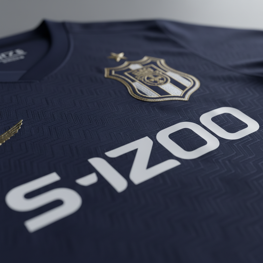 A close-up, macro-style shot of the chest area of a fútbol jersey, emphasizing intricate details: a raised, embroidered club crest with metallic thread, a subtle jacquard pattern woven into the deep navy fabric, and a heat-bonded sponsor logo with a satin sheen. The jersey lies smoothly on a neutral gray surface, slightly folded to reveal its flexibility. Diffused side lighting from the right emphasizes texture without harsh reflections, creating soft shadows within the stitching. The background is gently blurred, keeping attention on craftsmanship. Photographic realism, minimalist composition, and a professional, product-focused mood highlight quality materials for passionate fans comparing authentic jerseys on a trusted site.