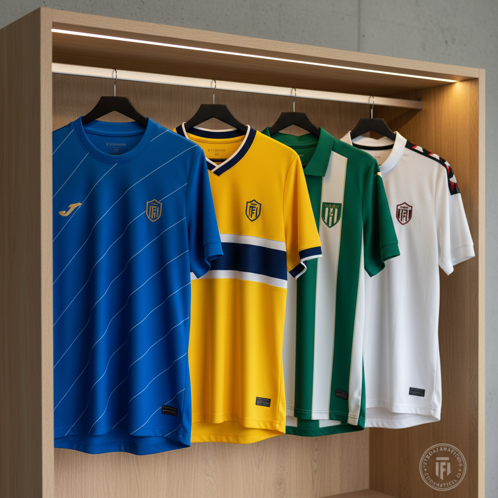 A perfectly organized locker-style scene featuring four fútbol jerseys hanging on sleek, matte black hangers inside a modern open wardrobe unit. Each jersey is a different vibrant color—electric blue, bright yellow, deep green, and pure white—with distinct stripe patterns and collar designs, all impeccably pressed. The wardrobe interior is made of light oak wood with subtle grain, contrasting with a smooth concrete wall behind. Soft overhead LED lighting casts even illumination, with gentle reflections on the synthetic performance fabric. Shot at eye level using the rule of thirds, the front jersey is in sharp focus while the others gradually soften into a mild bokeh. The atmosphere is orderly, aspirational, and professional, evoking a premium fan’s collection curated from the best site for the best fans.